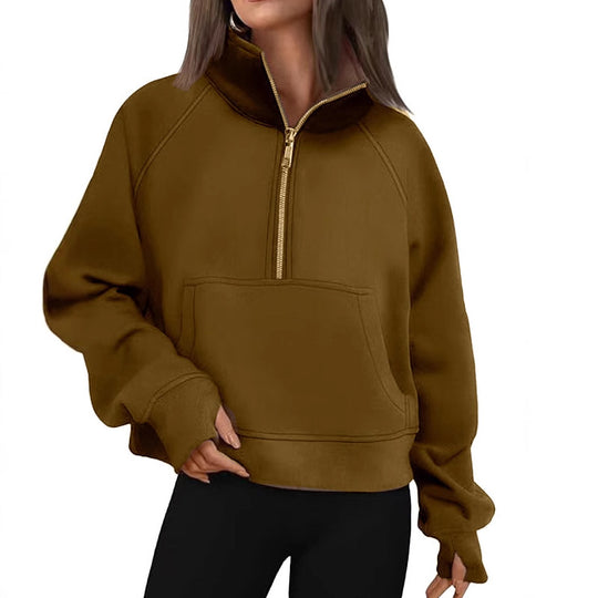 Damen nan kurzer Halfzip-Sweater mit hohem Stehkragen, Kängurutasche und verlängerten Daumenlöchern Shop Nory