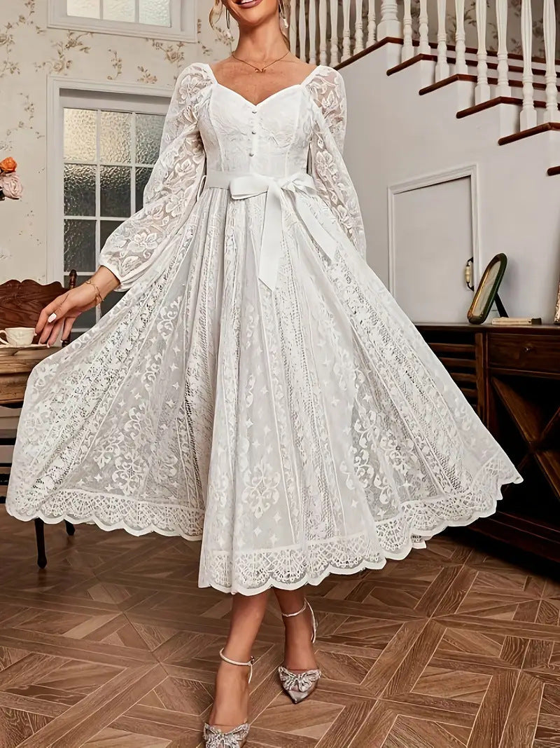 Damen Elegantes Spitze Midi-Kleid mit puffärmel und Taillenbindung