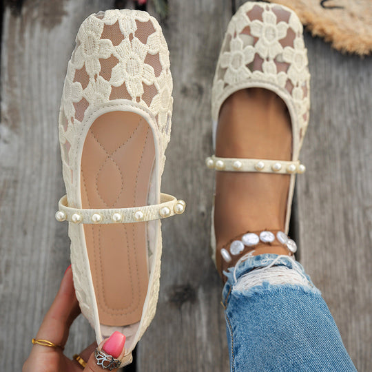Damen elegante Ballerinas mit floralen Applikationen und rutschfester Sohle