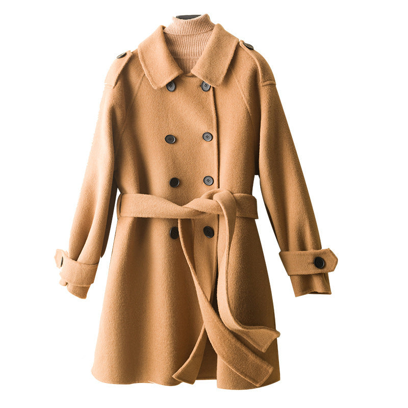 Damen Zweireihiger Wollmix‑Mantel mit Taillengürtel, Schulterpatten und verstellbaren Manschetten Shop Nory