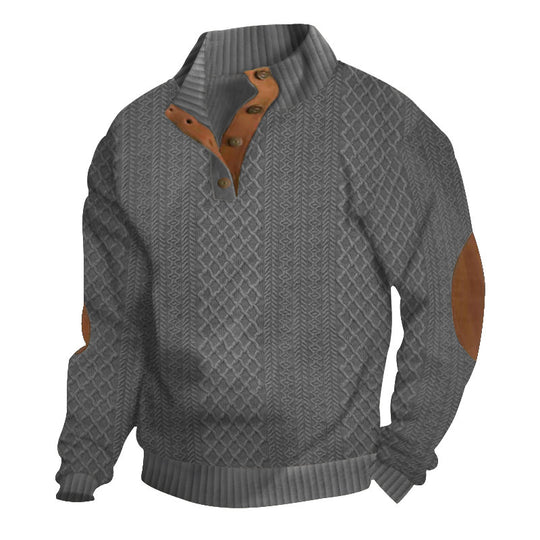 Herren nan grober Strickpullover mit Stehkragen Lederbesatz und Ellenbogenaufnähern Shop Nory