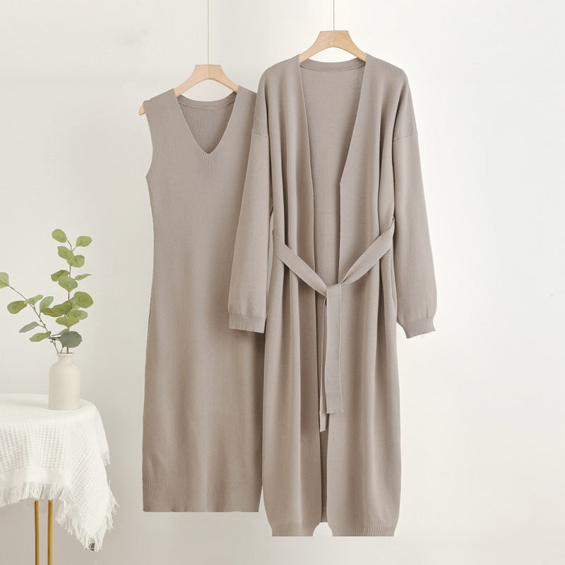 Damen 2-teiliges Kleid und Cardigan-Set mit V-Ausschnitt