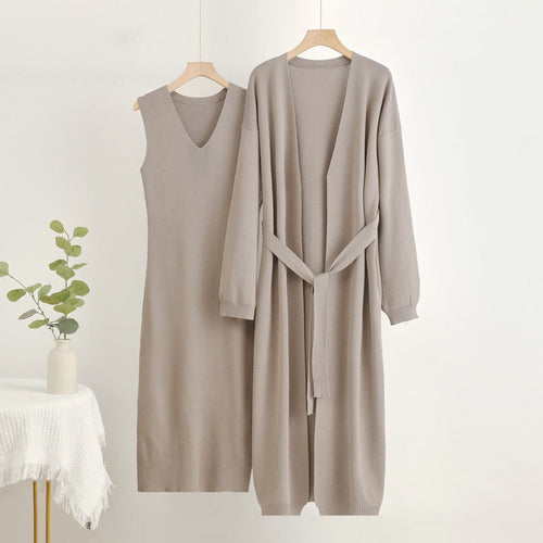 Damen 2-teiliges Kleid und Cardigan-Set mit V-Ausschnitt