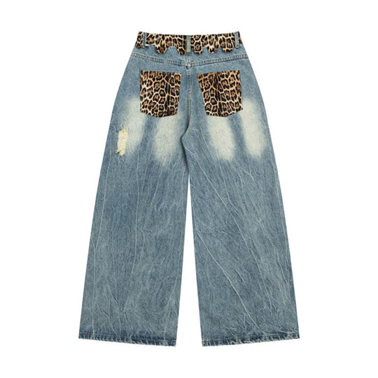 Damen weite Palazzo-Jeans mit destroyed-Details, Leopard-Bund und Gothic-Stickerei Shop Nory