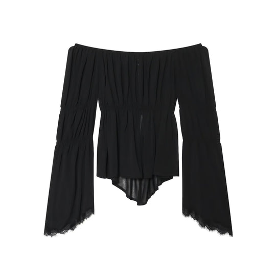 Damen Schulterfreies Chiffon-Top mit Carmen-Ausschnitt, geraffter Taille und voluminösen Volantärmeln Shop Nory