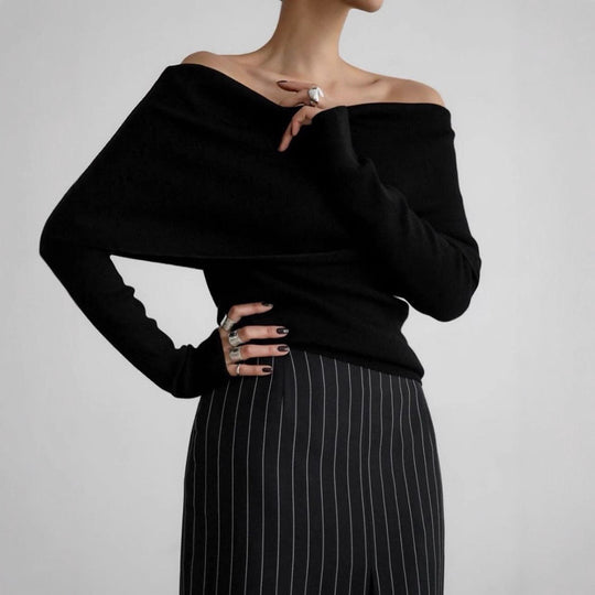 Damen schulterfreier Feinstrick-Pullover mit umlegbarem Carmenkragen Shop Nory