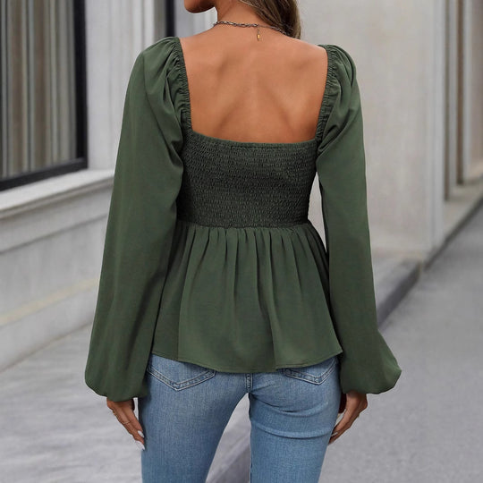 Damen geraffte Schößchenbluse mit quadratischem Ausschnitt und Ballonärmeln Shop Nory