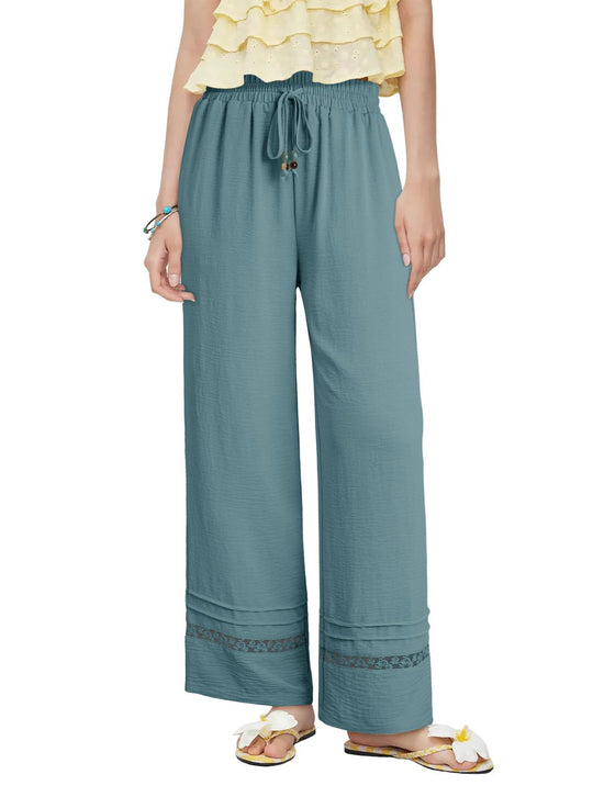Damen Weite Leinenoptik-Hose mit hohem Gummibund, Bindekordel und Spitzeneinsatz Shop Nory