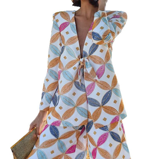 Damen Zweiteiliger Jacquard-Anzug mit Taillenschleife und weitem Bein Shop Nory