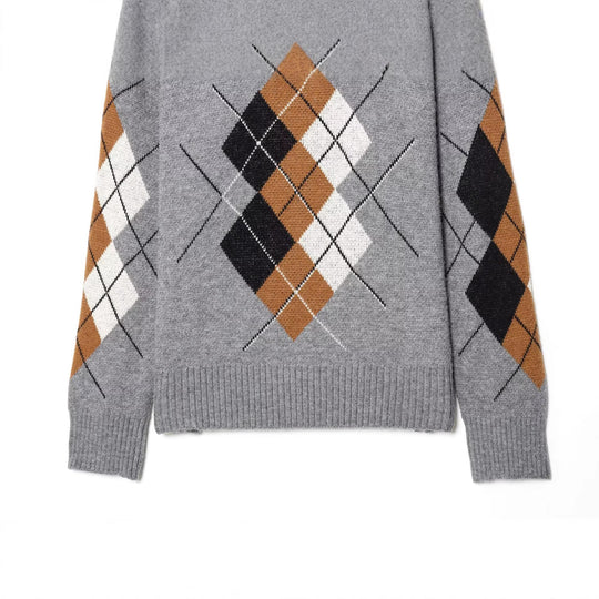 Damen Oversized Pullover mit Rautenmuster und Polokragen mit Knopfleiste Shop Nory