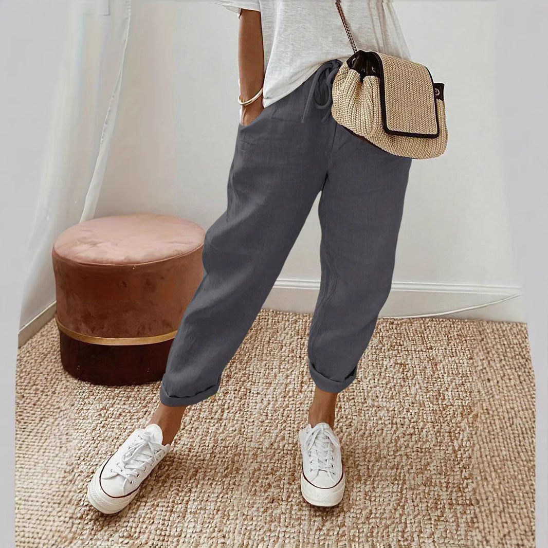 Damen Lässige Leinen-Hose mit elastischem Bund und praktischen Taschen