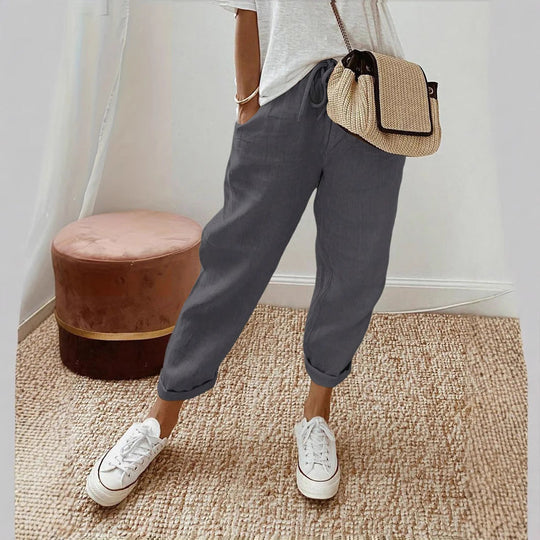 Damen Lässige Leinen-Hose mit elastischem Bund und praktischen Taschen