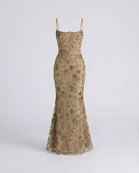 Abendkleid lang mit Spitze und Stickerei