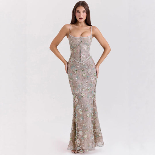 Damen nan elegantes besticktes Abendkleid mit Korsettoberteil und transparentem Spitzenüberzug