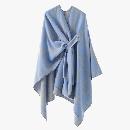 Damen Oversize Poncho aus Feinstrick mit Taillengürtel und Karomuster Shop Nory