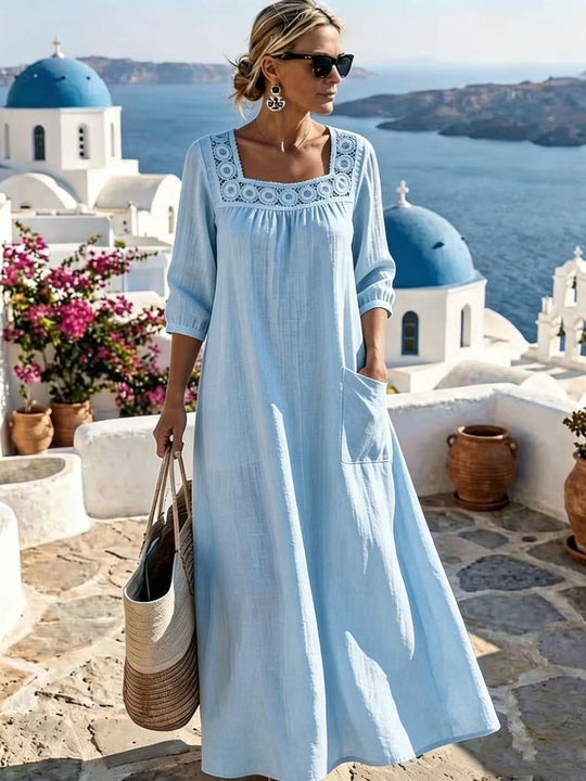 Damen Maxikleid mit gehäkeltem Quadrat-Ausschnitt, dreiviertel Ärmeln und Eingrifftasche Shop Nory