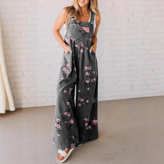 Damen Lässiger Denim-Hosenanzug mit floralem Print und weiten Beinen