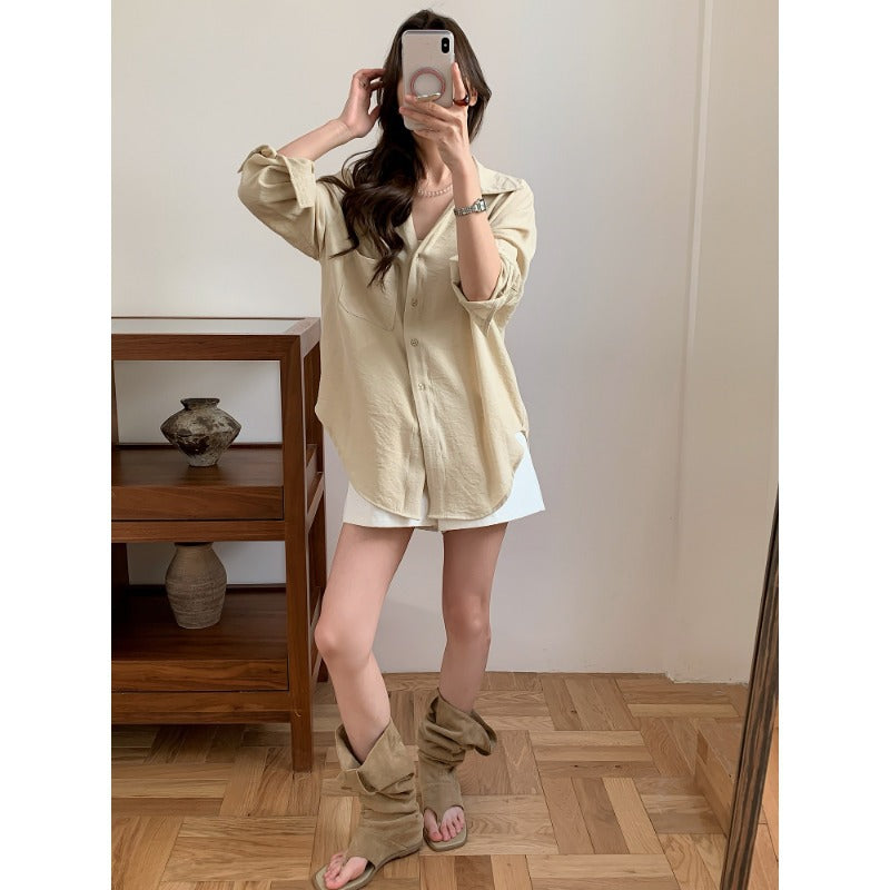 Damen Lässiges Leinenoptik-Longshirt mit Oversize-Schnitt und Brusttasche Shop Nory