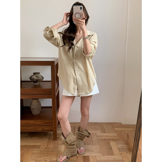 Damen Lässiges Leinenoptik-Longshirt mit Oversize-Schnitt und Brusttasche Shop Nory