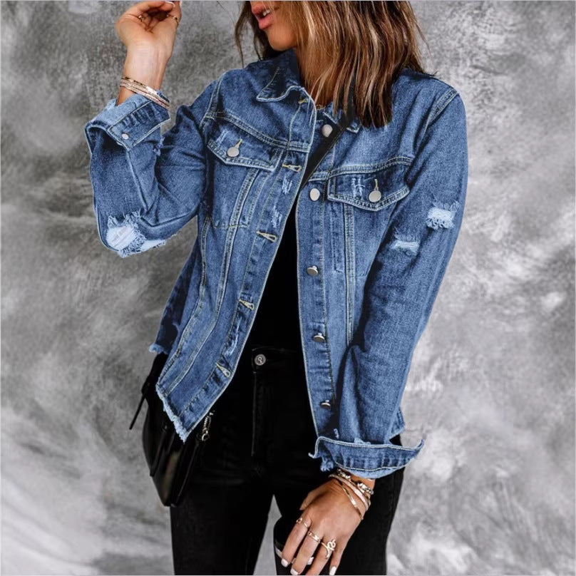 Damen Jeansjacke mit lässigen Destroyed-Ärmeln und rohem Saum Shop Nory