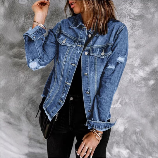 Damen Jeansjacke mit lässigen Destroyed-Ärmeln und rohem Saum Shop Nory