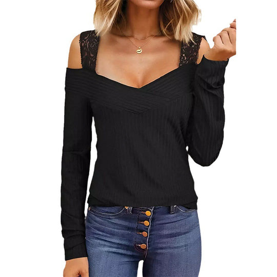 Damen Schulterfreies Langarmshirt mit V-Ausschnitt und Spitzen-Trägern Shop Nory