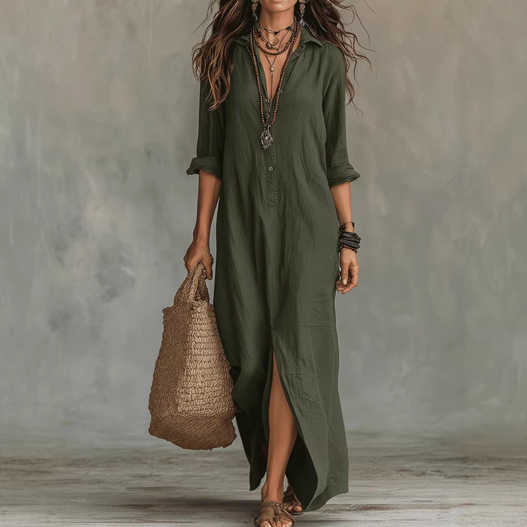 Damen Langes Hemdkleid mit Knopfverschluss und seitlichem Schlitz