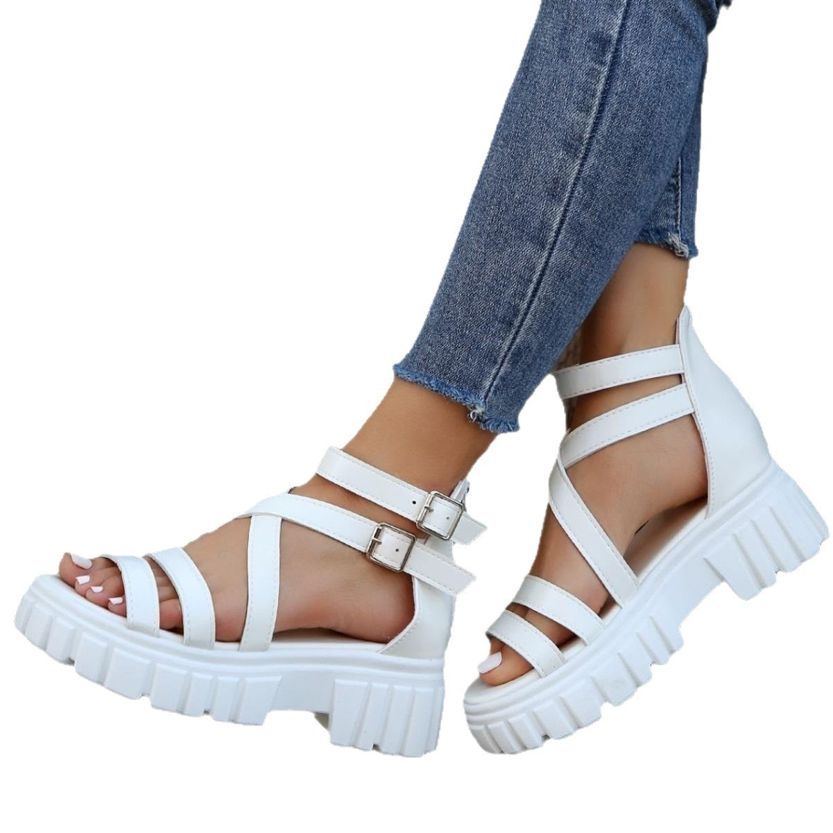 Damen Plateausandalen mit verstellbaren Riemen und robustem Profil