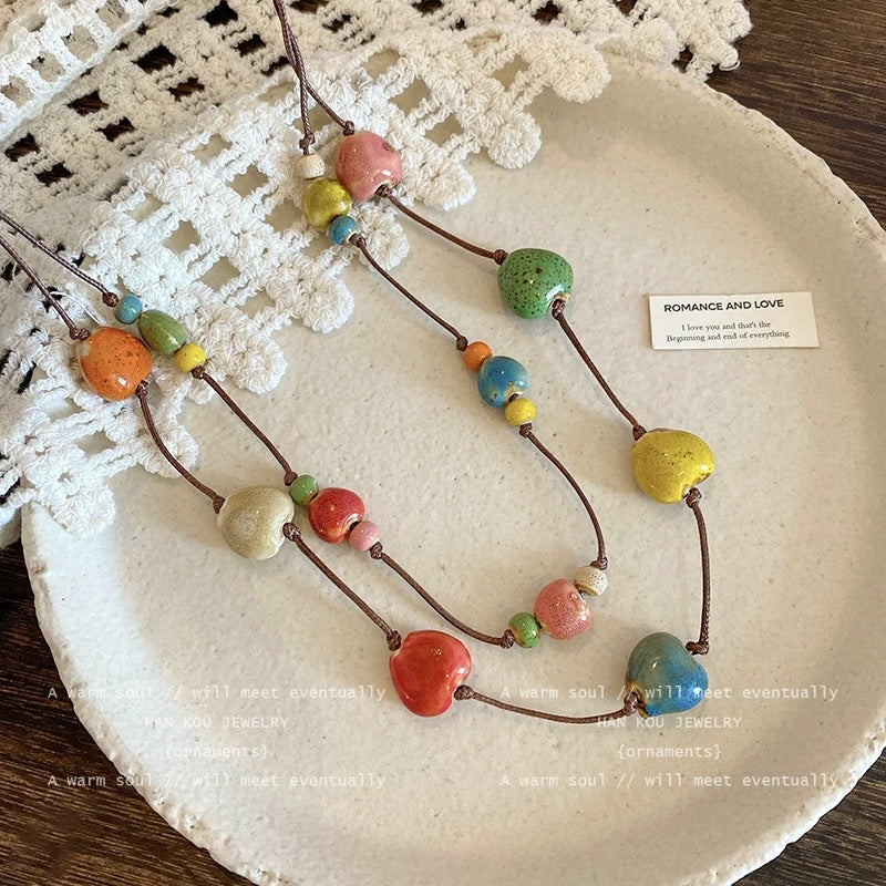 Damen mehrlagige Kette aus handgefertigten bunten Keramikperlen Shop Nory