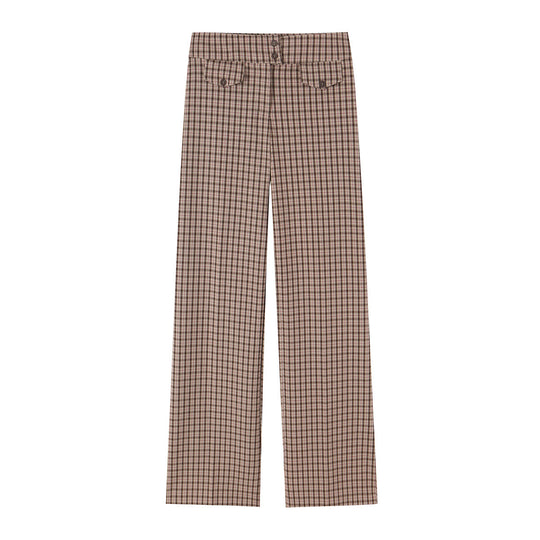 Damen Hochtaillierte weite Stoffhose mit Karo-Muster und Zierklappen Shop Nory