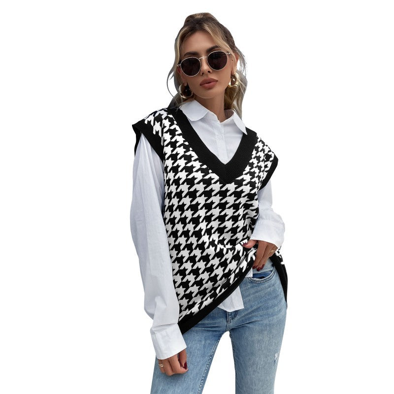 Damen Oversize Strickweste mit Hahnentrittmuster und V-Ausschnitt Shop Nory