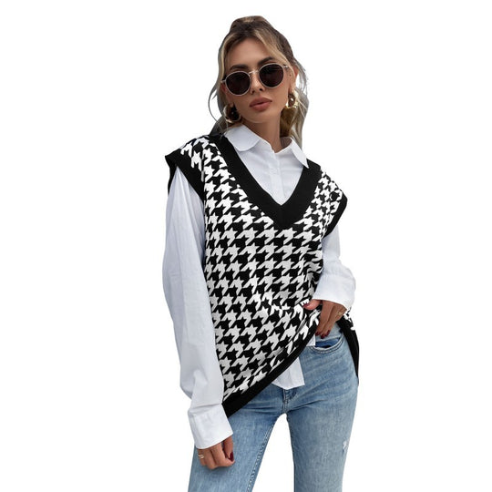 Damen Oversize Strickweste mit Hahnentrittmuster und V-Ausschnitt Shop Nory
