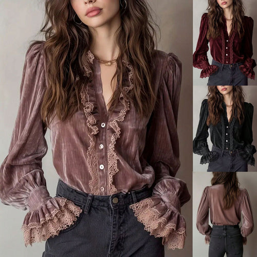 Damen Plissée-Veloursbluse mit Spitzenrüschen und Puffärmeln Shop Nory