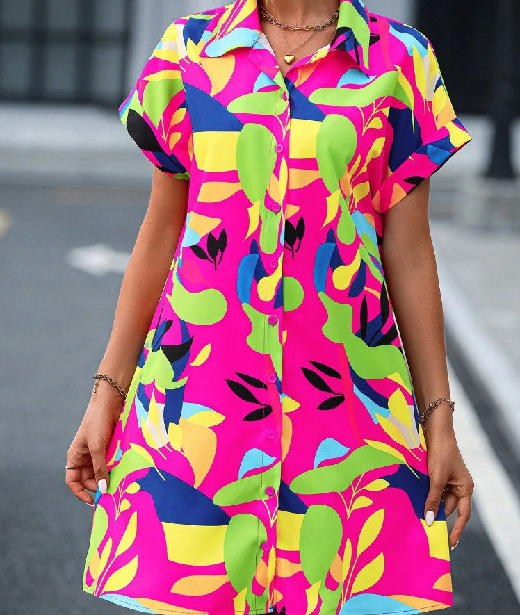 Damen Lockeres Hemdblusenkleid mit Knopfleiste, Reverskragen und floralem Print Shop Nory
