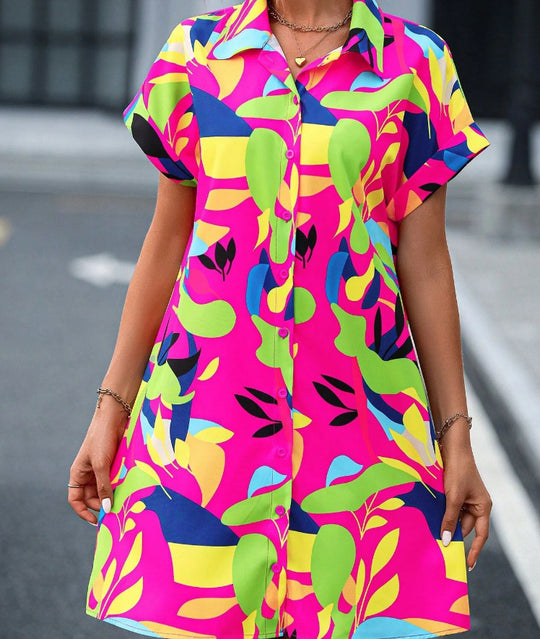 Damen Lockeres Hemdblusenkleid mit Knopfleiste, Reverskragen und floralem Print Shop Nory