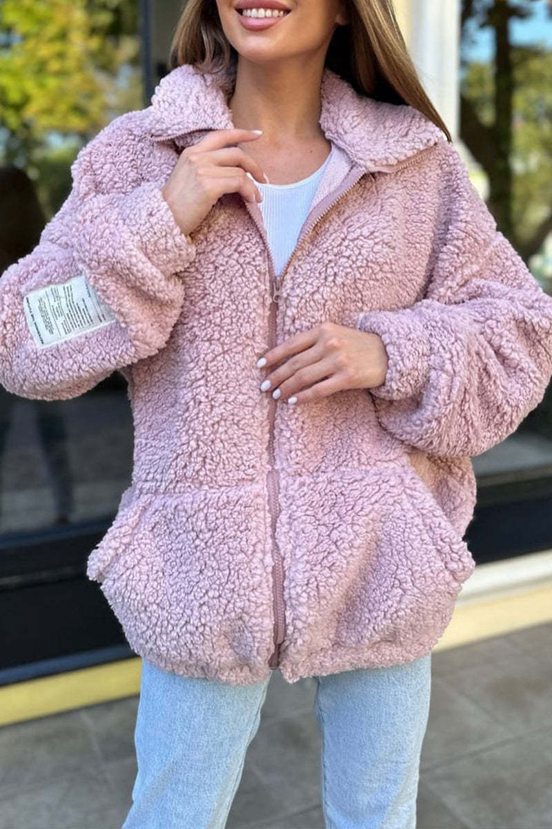 Damen Kuschelige Fleecejacke mit praktischen Taschen und hohen Kragen