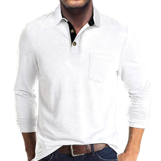 Herren langärmliges Polohemd mit Brusttasche, Kontrastknopfleiste und legerer Stretch-Passform Shop Nory
