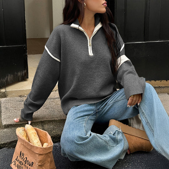 Damen nan oversized Strickpullover mit halbem Reißverschluss, Kontrastpaspeln und überschnittener Schulter Shop Nory