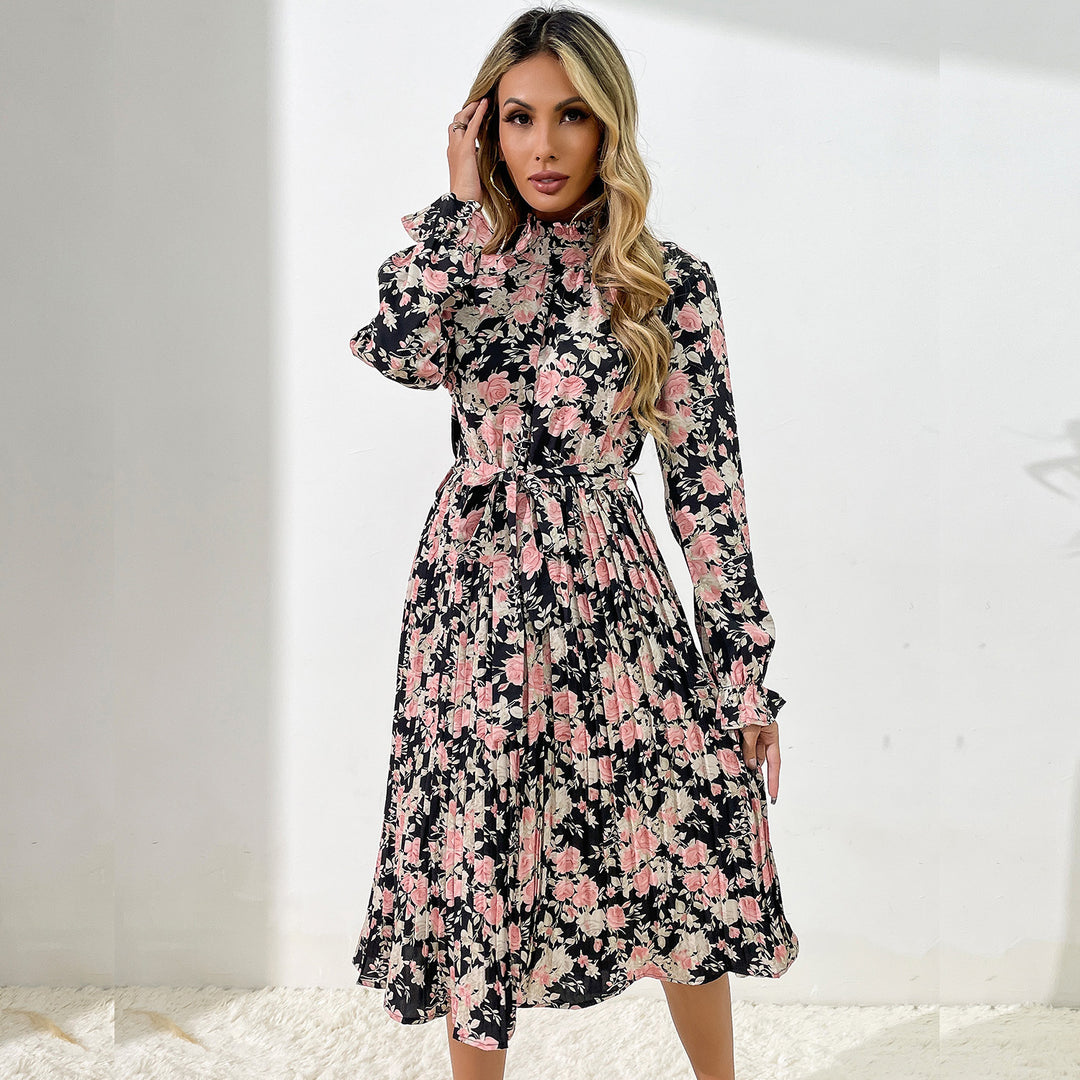 Damen Midikleid mit Blumenprint, Plissée‑Rock, Stehkragen und Bindegürtel Shop Nory