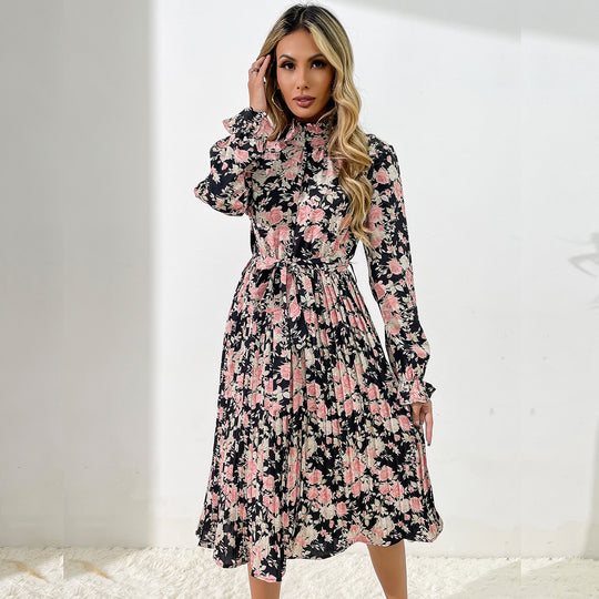 Damen Midikleid mit Blumenprint, Plissée‑Rock, Stehkragen und Bindegürtel Shop Nory