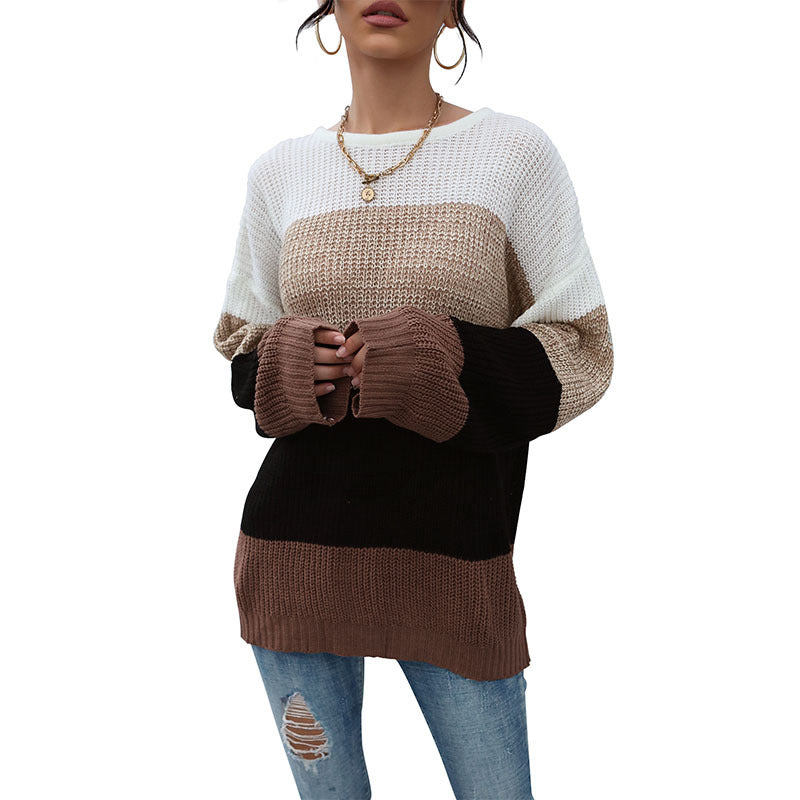 Damen Lässiger Farbblock-Strickpullover mit offener Maschenstruktur und Rundhalsausschnitt Shop Nory