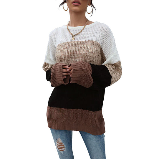Damen Lässiger Farbblock-Strickpullover mit offener Maschenstruktur und Rundhalsausschnitt Shop Nory