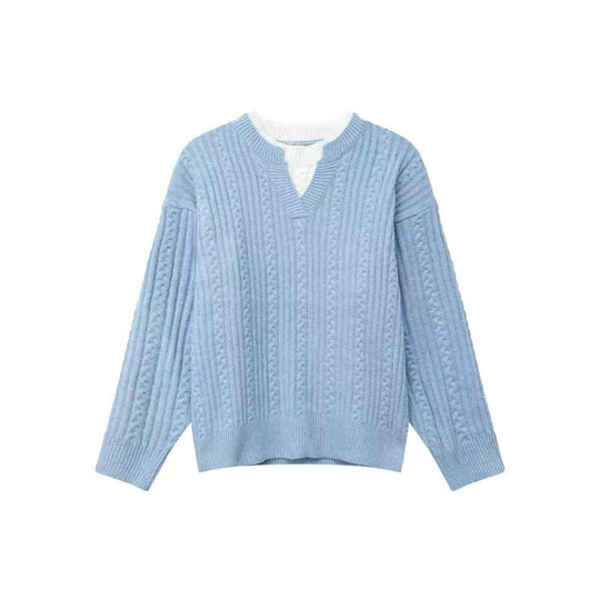 Damen Grobgestrickter Zopfmuster-Pullover mit V‑Ausschnitt und Lagen‑Optik Shop Nory