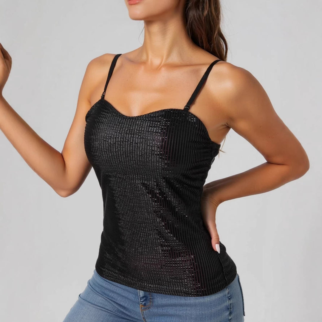 Damen elegantes Spaghettiträgershirt mit luxuriösem Paillettenbesatz und feinem Rippstrick