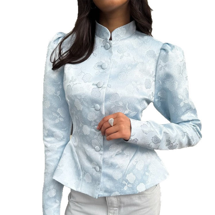 Damen Taillierter Jacquard-Blazer mit Stehkragen, Puffärmeln und Schößchen Shop Nory
