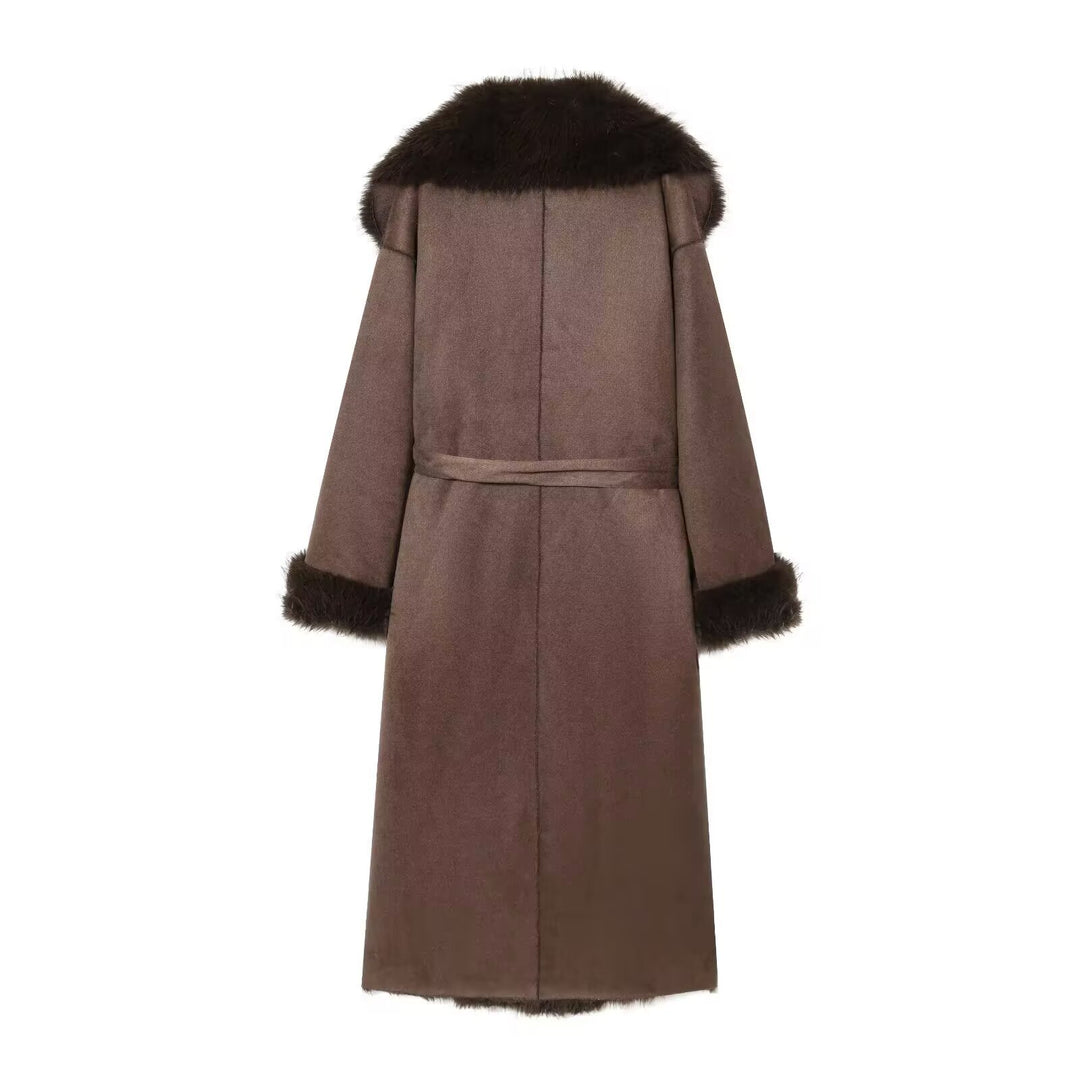 Damen Langer Lammfellimitat-Mantel mit Kapuze, Bindegürtel und Faux‑Fur‑Besatz Shop Nory