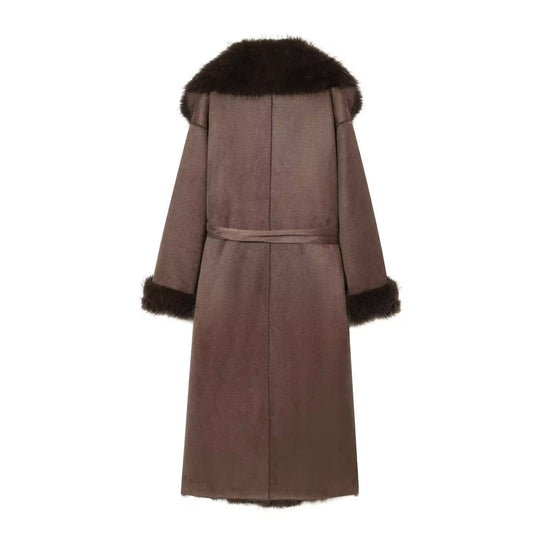 Damen Langer Lammfellimitat-Mantel mit Kapuze, Bindegürtel und Faux‑Fur‑Besatz Shop Nory