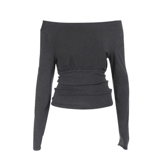 Damen schulterfreies Langarm-Top mit taillierter Raffung Shop Nory