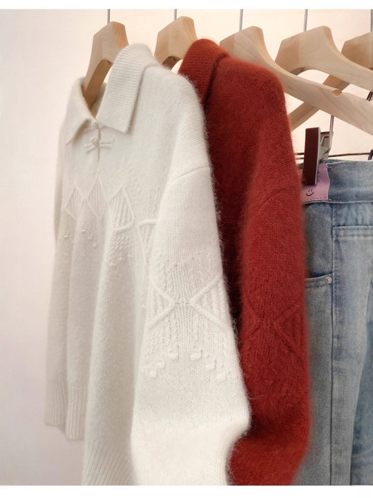 Damen Polokragen-Pullover im Mohair‑Look mit Ajour‑Zopfmuster, überschnittener Schulter und weiter Silhouette Shop Nory