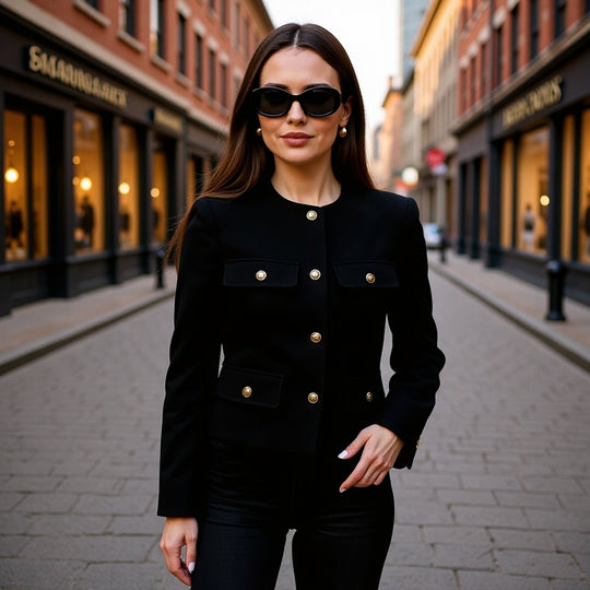 Damen Kurze Bouclé-Blazerjacke mit Rundhalsausschnitt, Zierleistentaschen und goldfarbenen Knöpfen Shop Nory